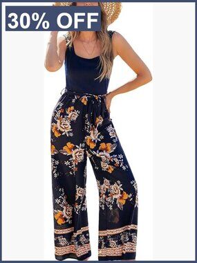 Women's Square Neck Sleeveless Belted Wide Leg Romper Jumpsuit Maxi
